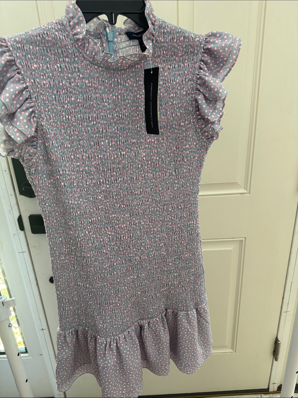 French Connection Lavender Smocked Ruffle-Hem Dress with Pink Dots